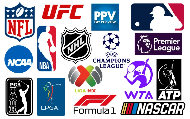 Live sports streaming interface showing on-demand matches, events, and game replays